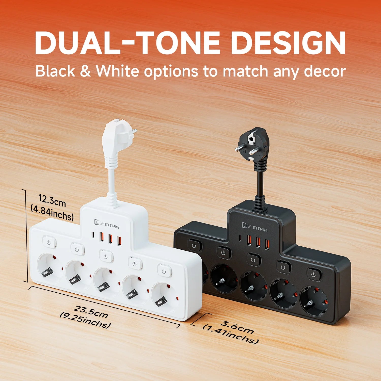 White and black power strips with dual-tone design on a wooden surface