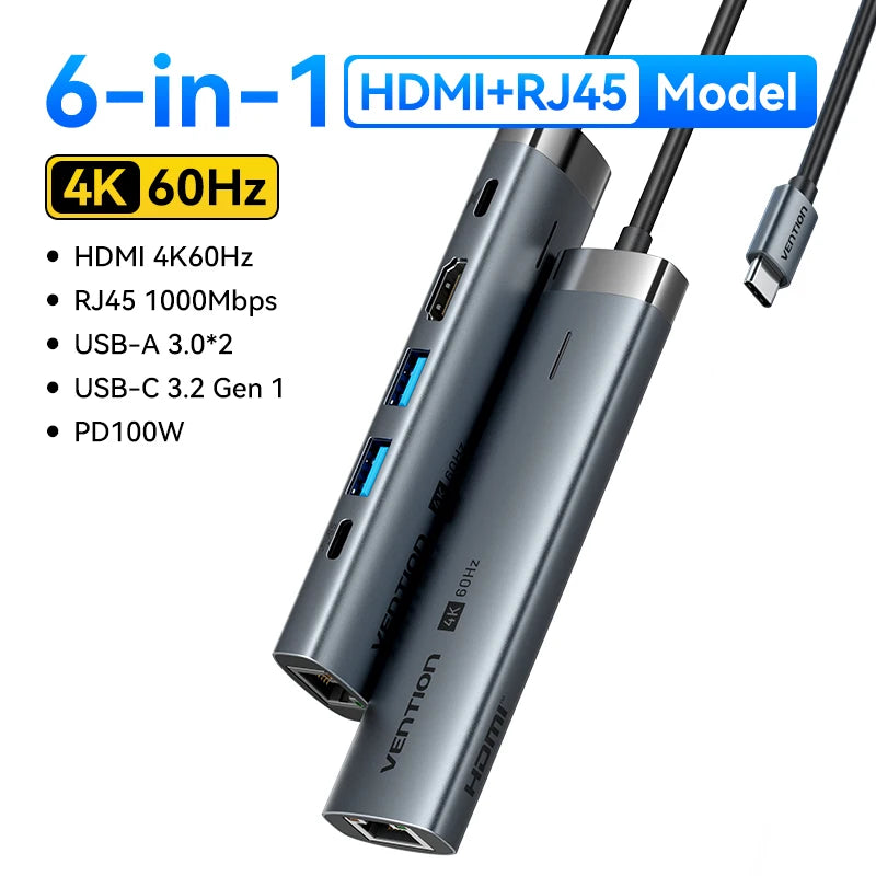 Vention 4K60Hz USB C HUB HDMI Adapter Type C to RJ45 Ethernet USB3.0 PD100W SD&TF for Laptop MacBook Pro Docking Station USB HUB