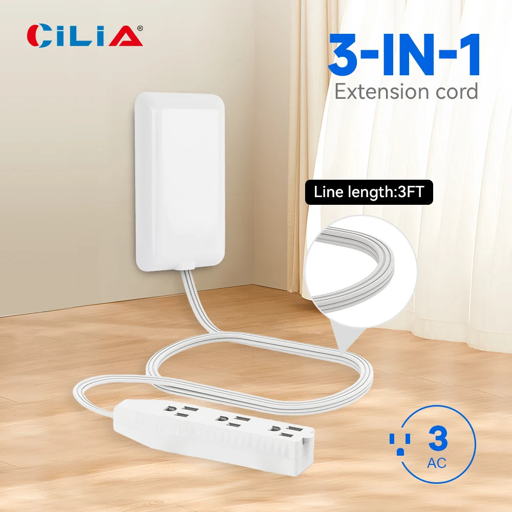 1-Flat-Face Outlet Extender with 3 Receptacles, Ultra-Thin Wall Plate Plug with Cord Extender and 3-Outlet Power Strip