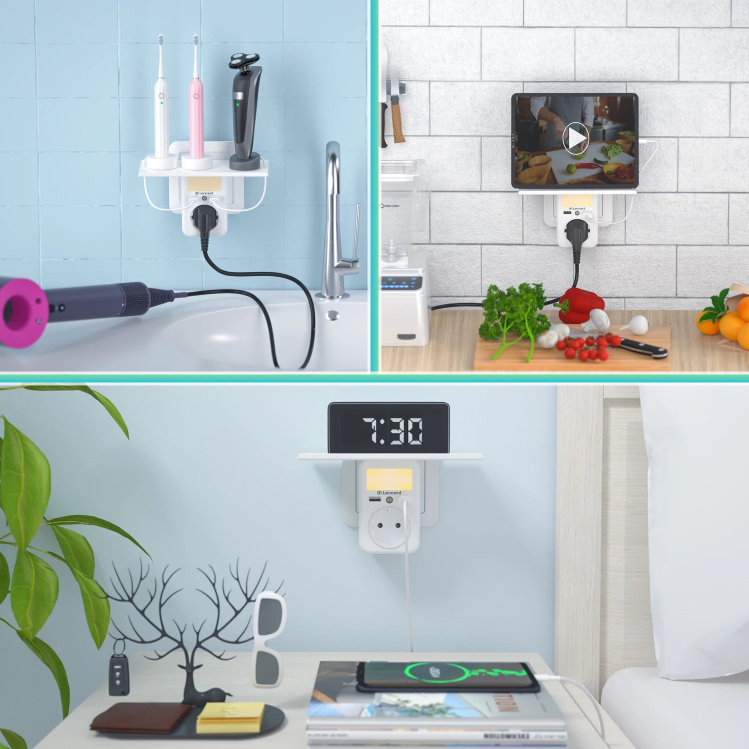 LENCENT EU Plug Wall Socket with 1 AC Outlet 2USB Ports Wall Charger Adapter with Rack Adjustable Nigh Light for Home/Office