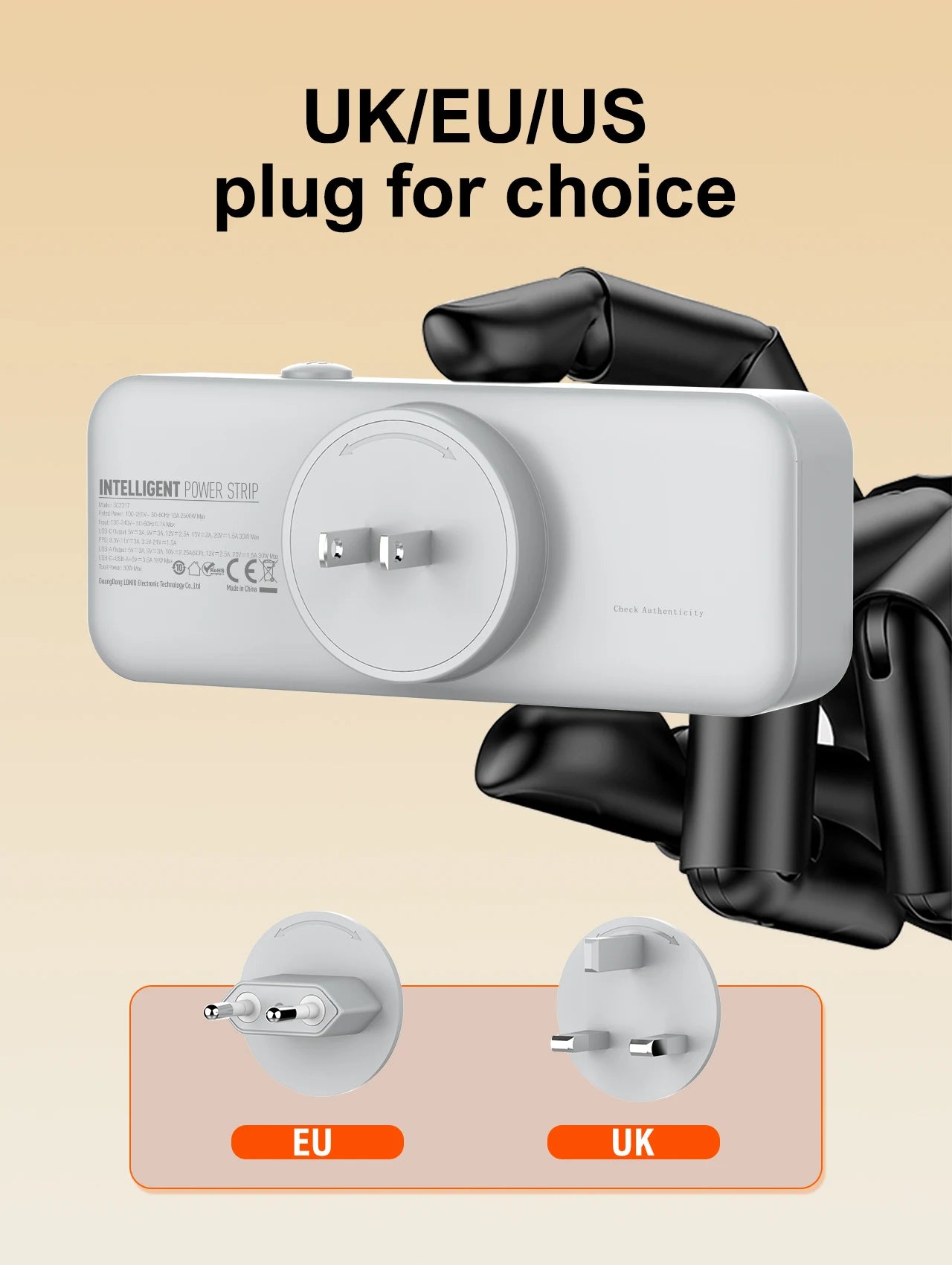 US UK EU Plug Outlet 3 Sockets Multitap Wall Power Strip Electrical Socket USB A  USB C Port No Extension Cord  Rotatable Plug
