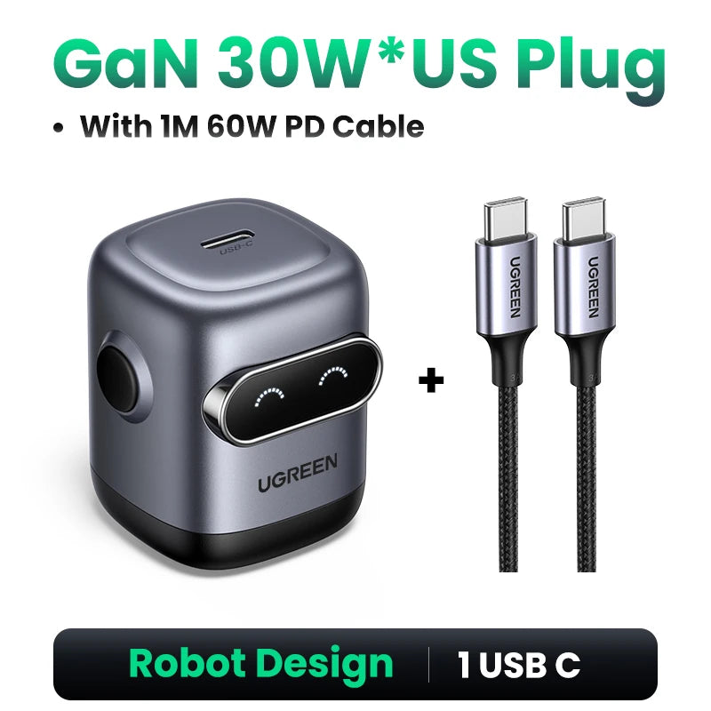 【US Plug】UGREEN 65W 30W GaN Charger Robot Design QC4.0 3.0 PPS for iPhone 16 15 14 Pro Macbook Laptops Tablet PD3.0 Fast Charger