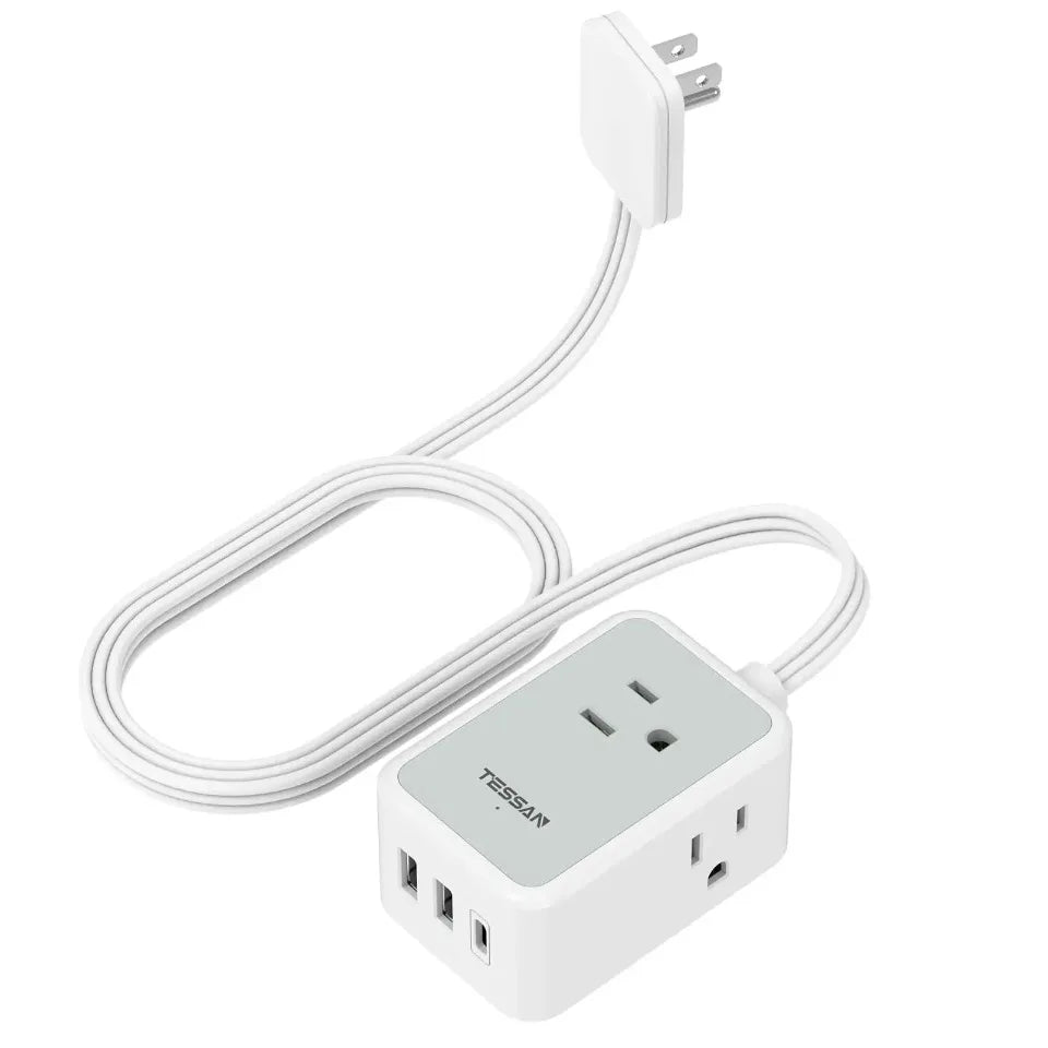 1-TESSAN Ultra Thin Extension Cord Power Strip with 3 USB 3 AC Adapter Mini Charging Station for Cruise Travel Office School Home