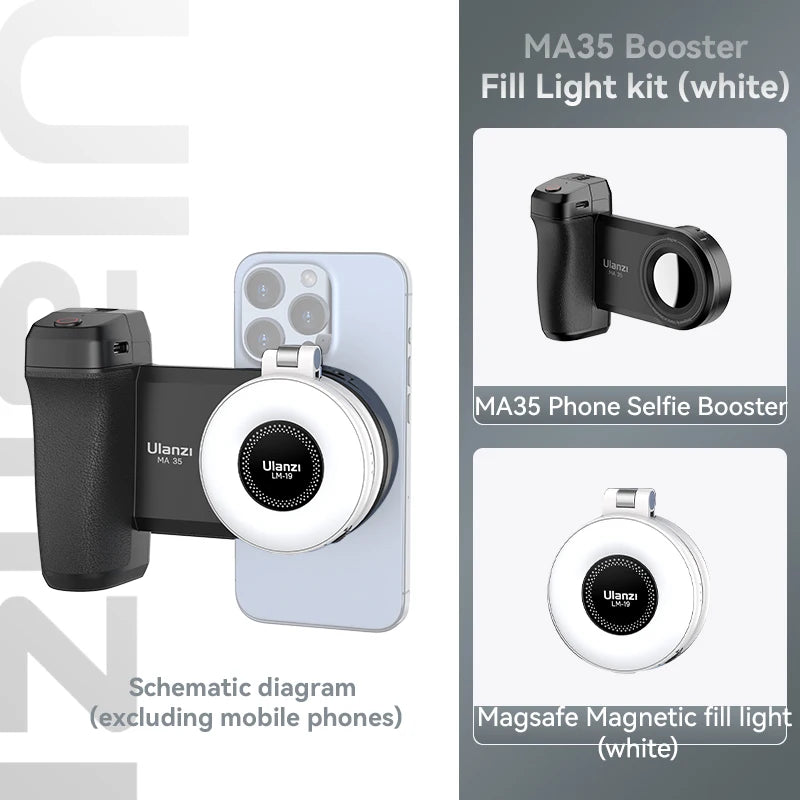 Ulanzi MA35 Selfie HandGrip Booster Bluetooth Shutter for iPhone 16 15 Android phone Photo Stabilizer Cold Shoe 1/4" Screw Mount