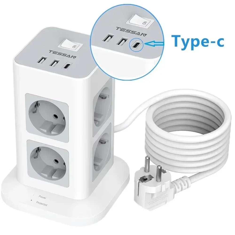 1-TESSAN Tower Power Strip Multi Outlets with USB A +1 Type C 2M Extension Cable EU Plug Vertical Electric Socket Surge Protection