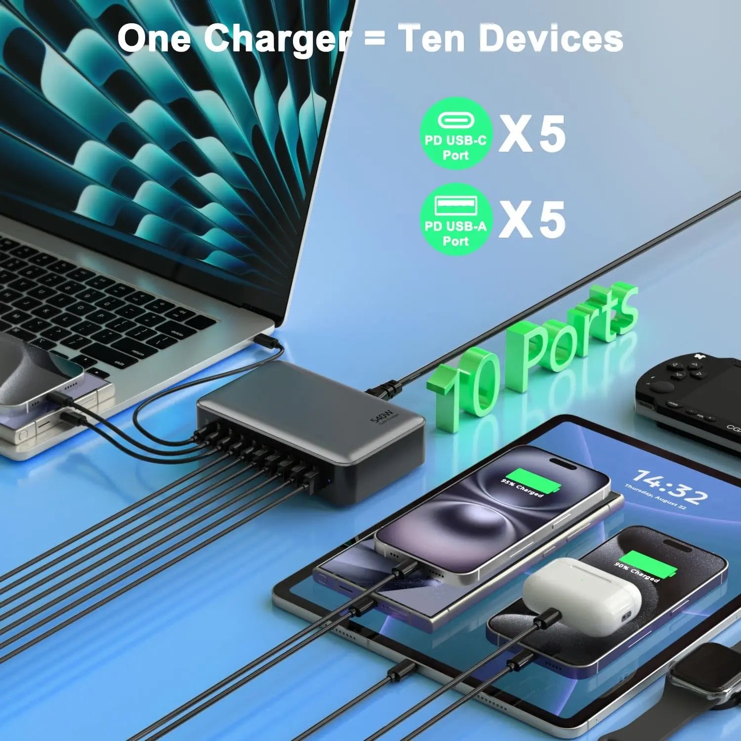200/300/540/620W GaN high power Multi-Port Fast Charger multiple charging Station for iphone, for MacBook, for Samsung etc