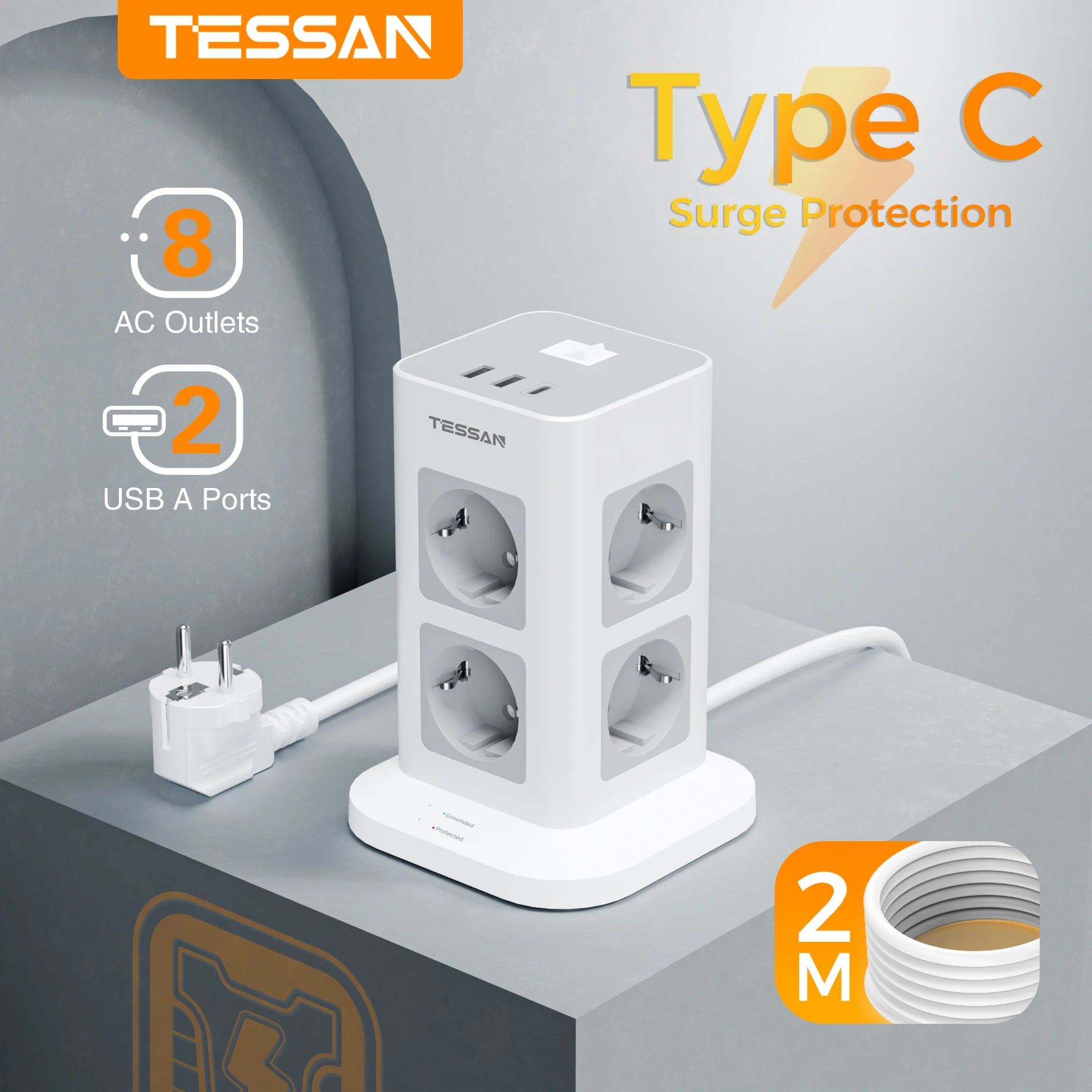 1-TESSAN Tower Power Strip Multi Outlets with 2 USB +1 Type C 2M Extension Cable EU Plug Vertical Electric Socket Surge Protection
