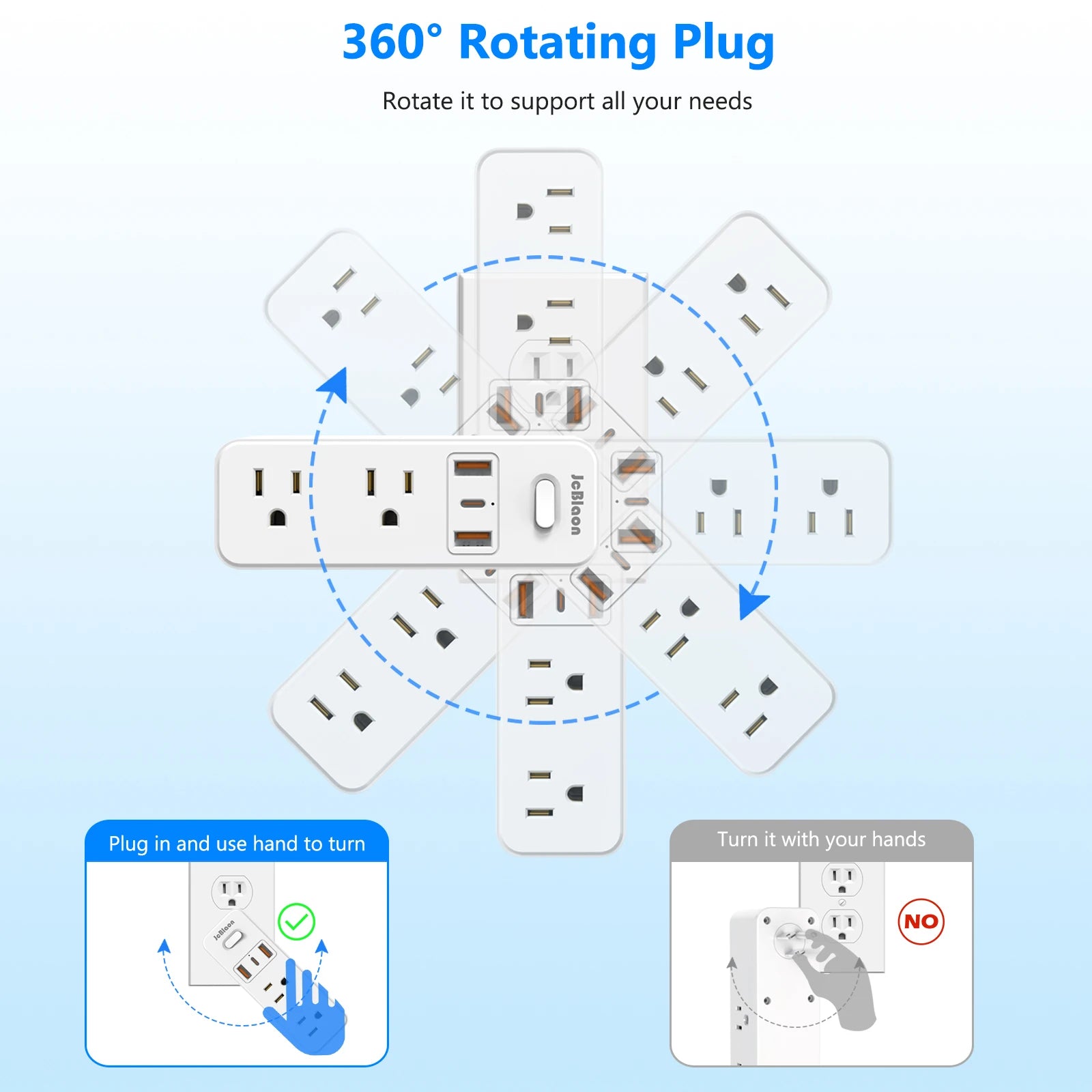 360°Rotating Plug US Power Strip with 6 AC Outlets 3 USB Ports 1 Type-C,Multiple Wall Socket with Switch Network Filter for Home