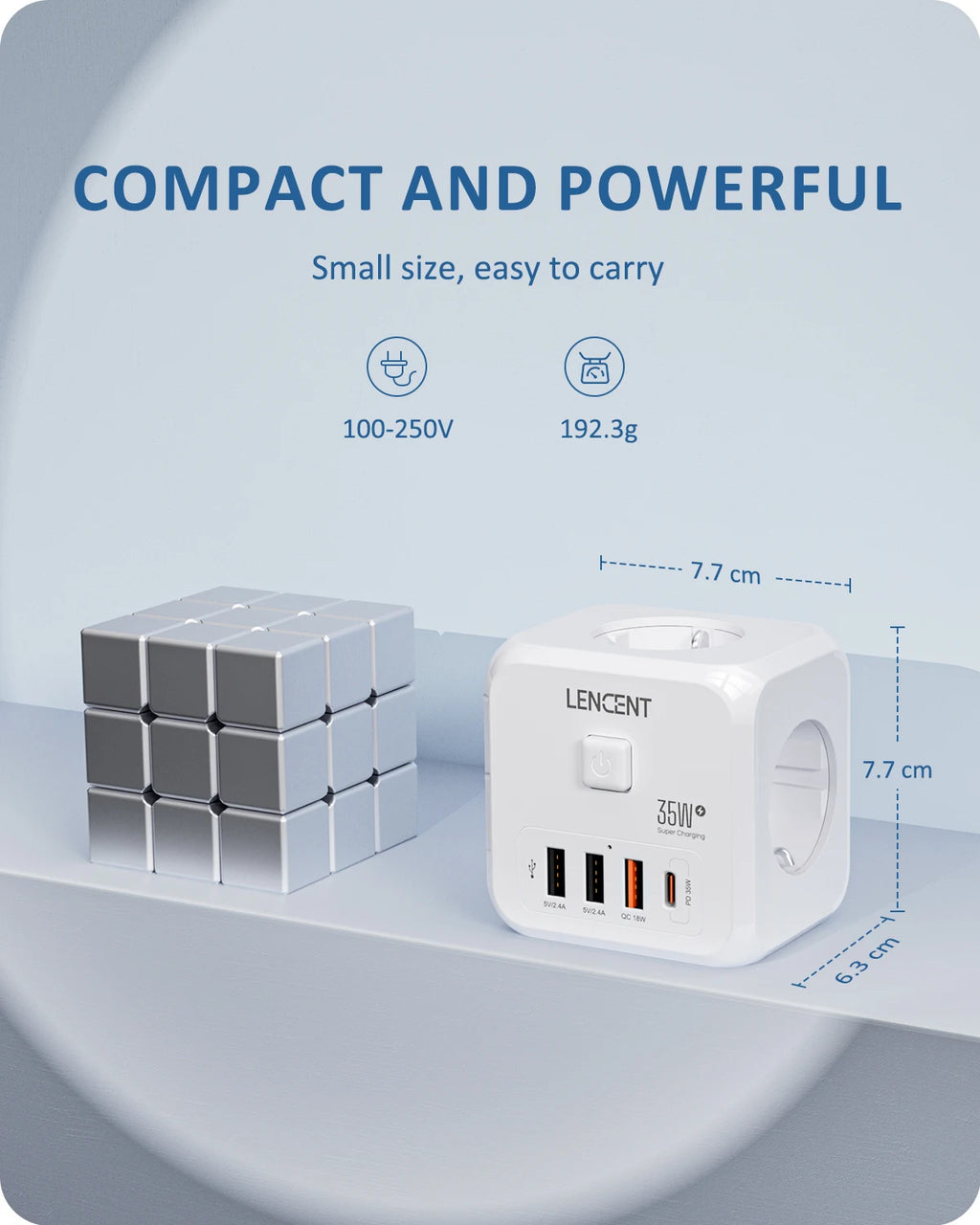 White power adapter with multiple ports on a light gray background, featuring the brand 'Lencent'.