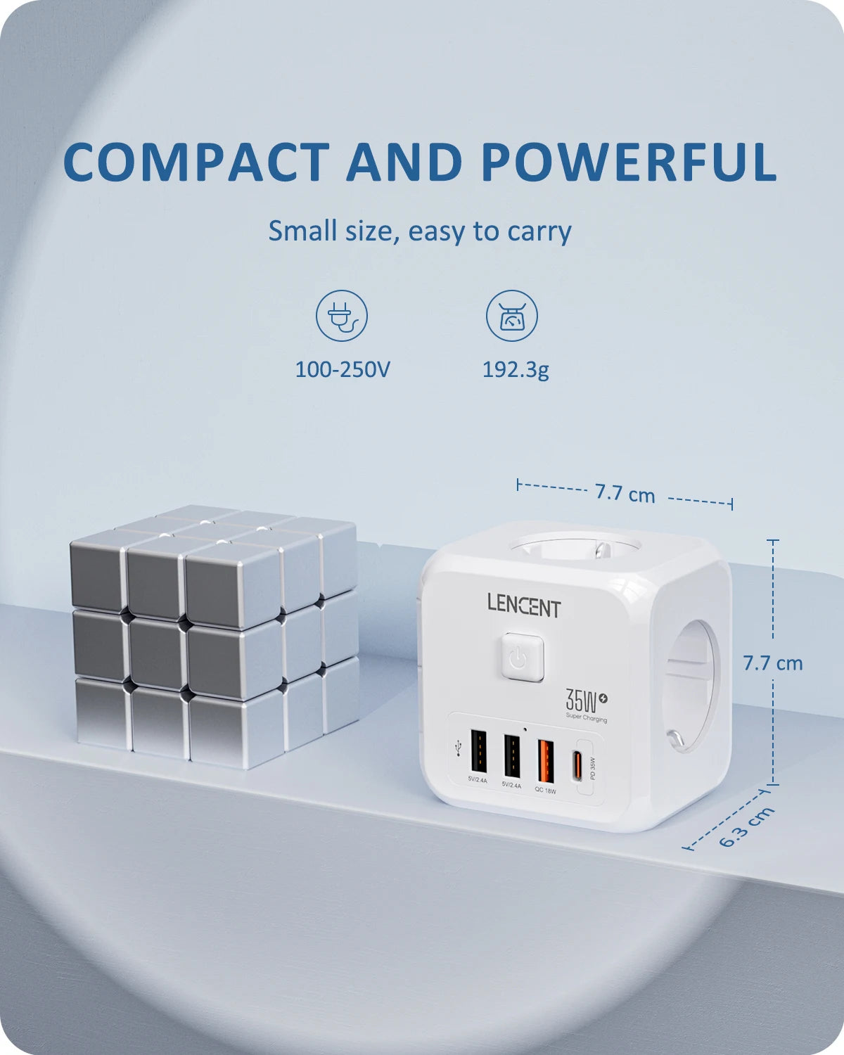 White power adapter with multiple ports on a light gray background, featuring the brand 'Lencent'.