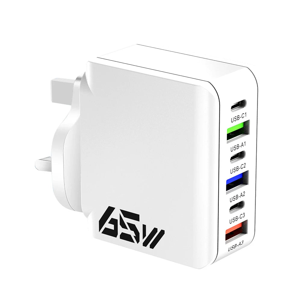 65W USB C Wall Charger Fast Charger 6 Ports Quick Charge 3.0 Adapter for iPhone 13 14 15 Xiaomi Samsung Oppo Mobile US/EU Plug