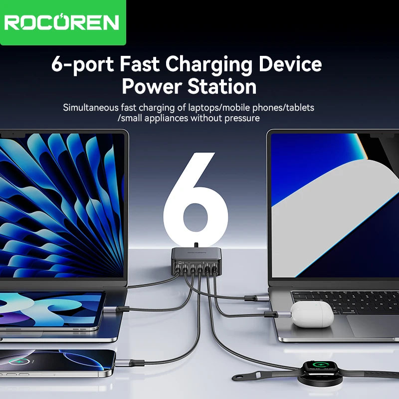 1-Rocoren 200W GaN Charger 6-ports Desktop Fast Charging USB Type C Charger Portable Power Station For iPhone 16 Pro Max Xiaomi 14