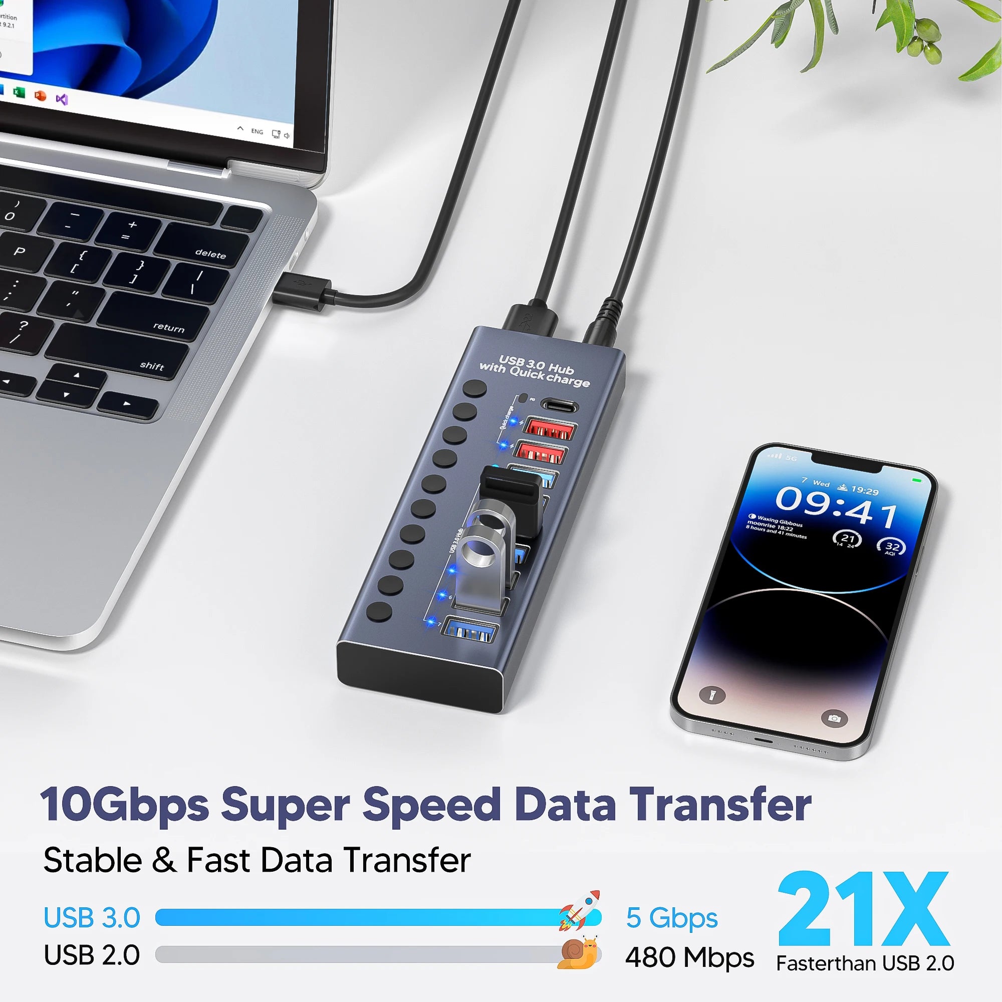 4-AIXXCO 10 Ports USB3.0 Splitter Computer Extender USB HUB 2.4A Fast Charging PD Port External 12V Power Supply