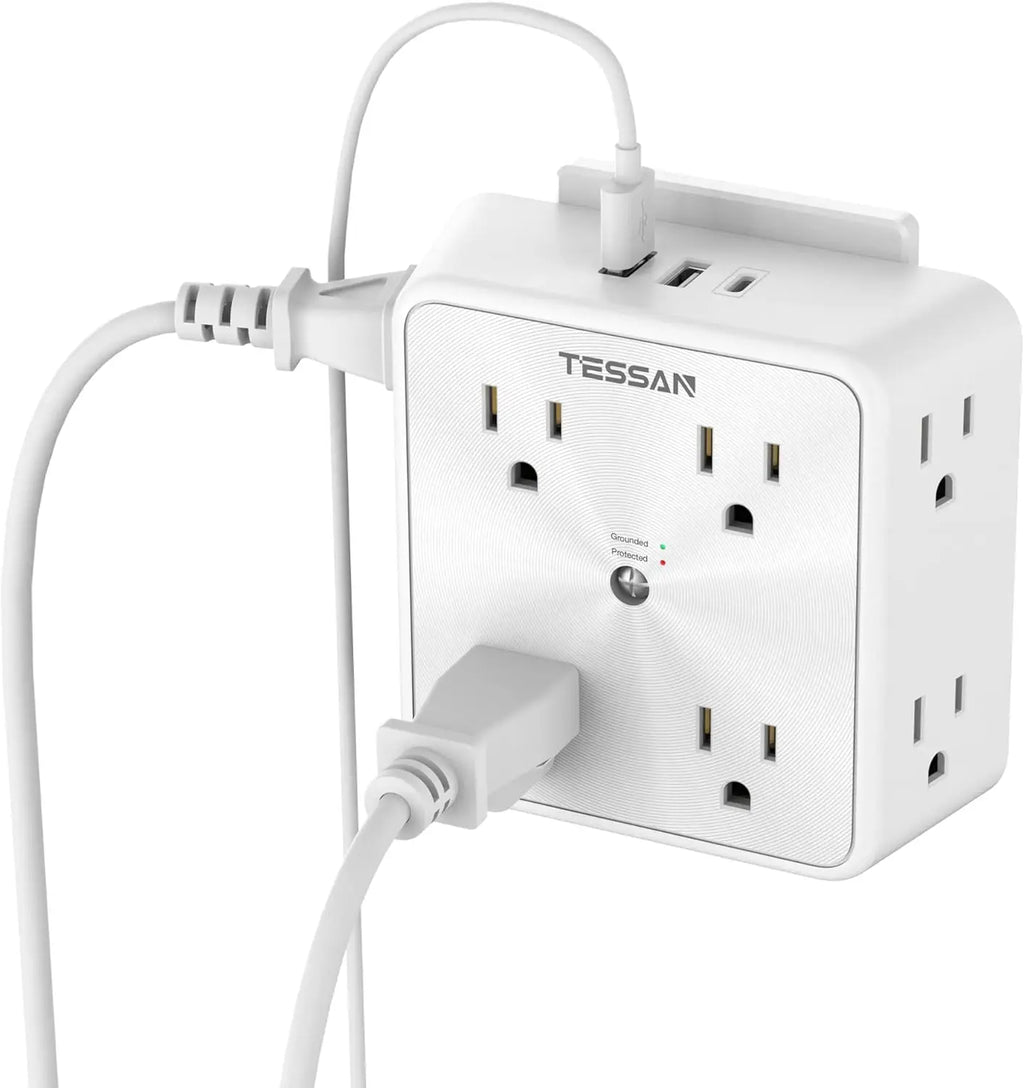 1-TESSAN Surge Protector Wall Strip with 8 AC Outlets 2 USB A and 1 USB C Surge Protector Multi Outlet Extender for Home Office