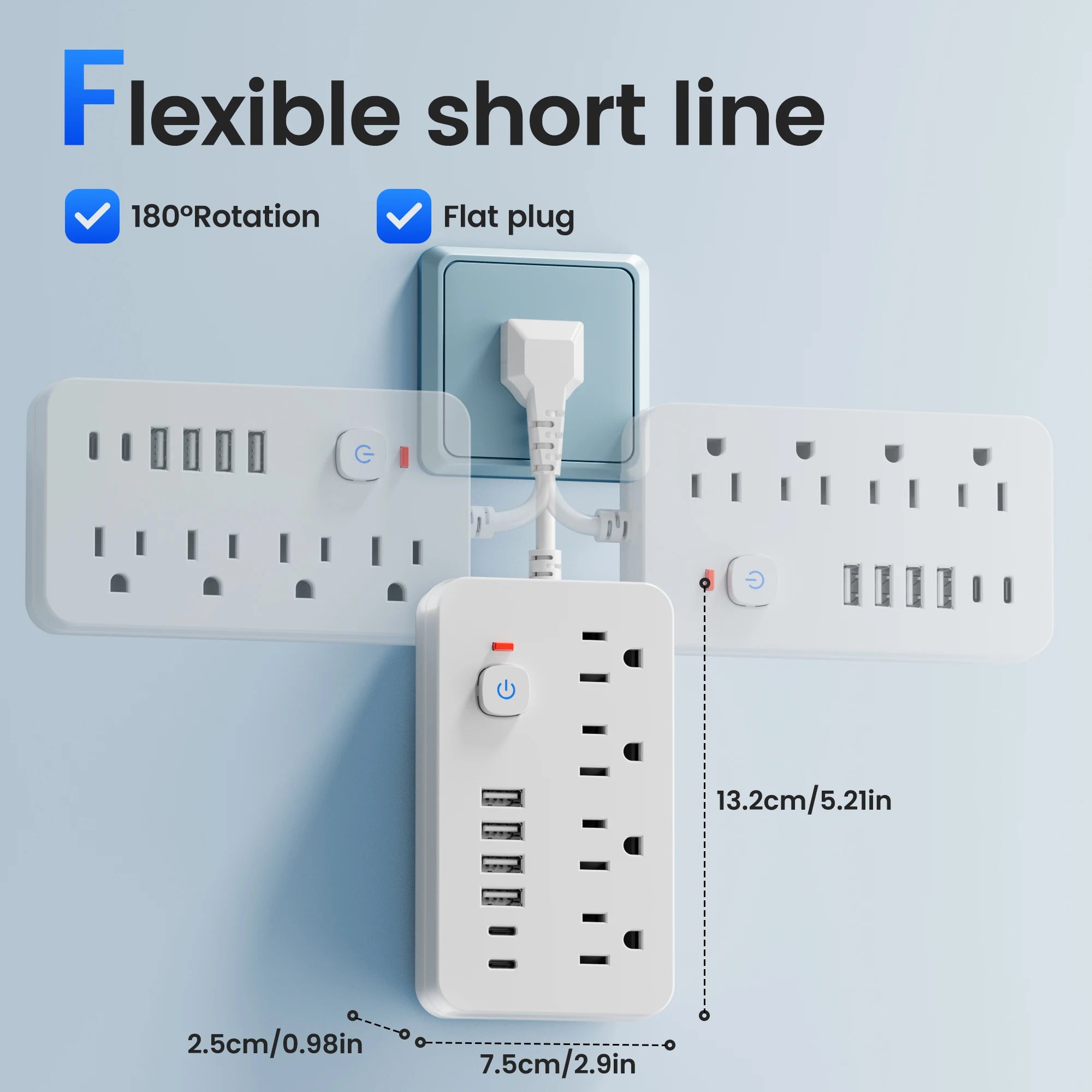 1-QKP Power Strip – 4 AC Outlets + 6 USB Ports (2 Type-C) with Surge Protection & Control Switches – Compact Corded Design