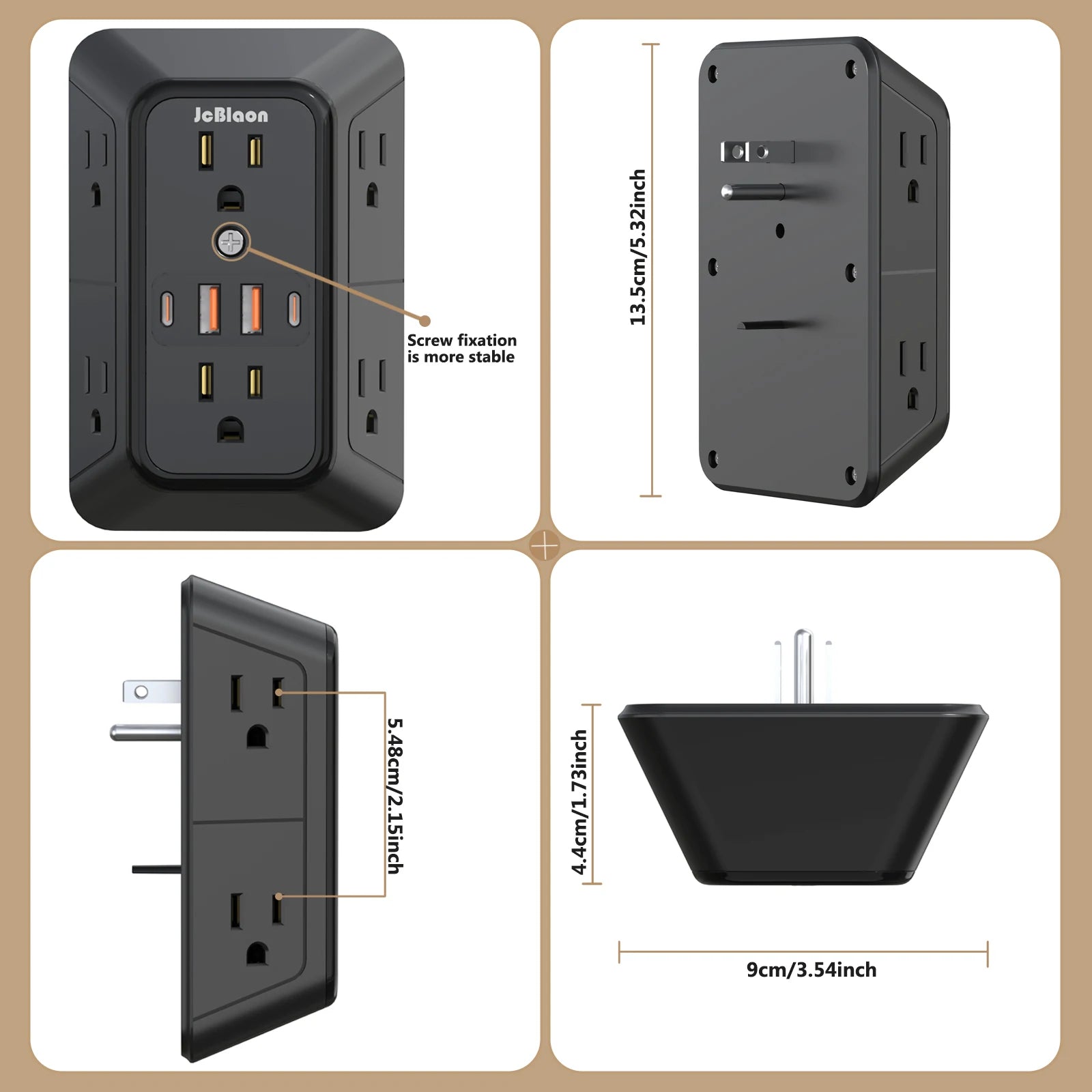 JcBlaon 6‑Outlet Wall Power Strip with USB-A & USB-C | UL Certified