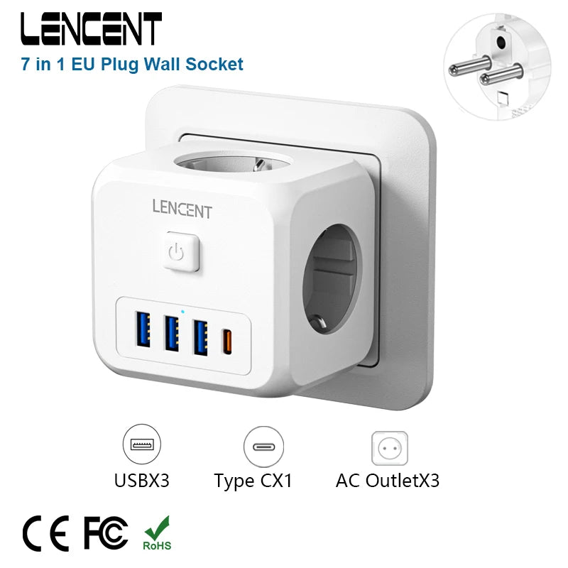 Lencent 7 in 1 EU Plug Wall Socket with USB ports and AC outlets on a white background