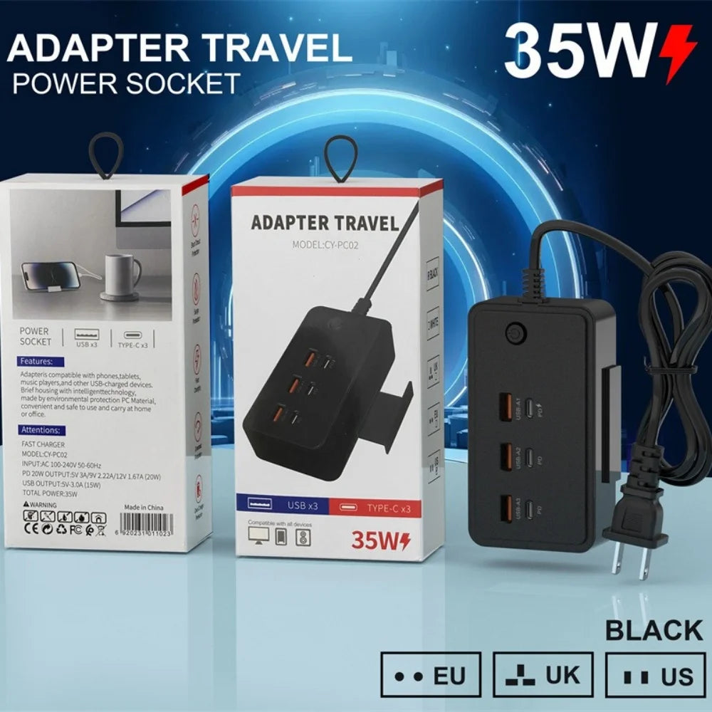 35W Multifunction USB Type C Quick Charge Power Socket with Telescopic Holder 3USB3PD Fast Charging Power Strip For Phone Tablet