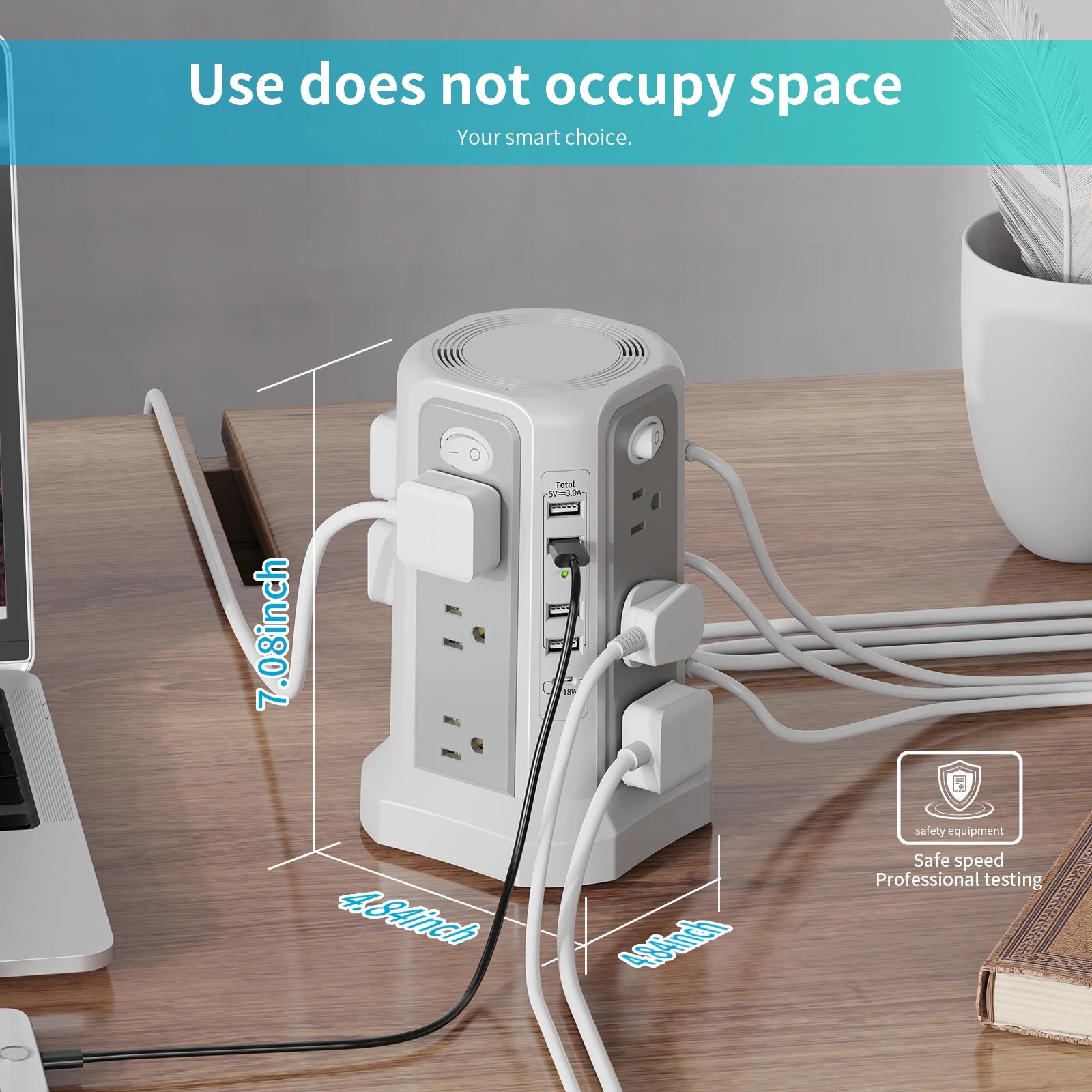 10FT Extension Cord with 12 AC Outlets 5 USB Charging Ports(1 USB C PD18W) PASSUS Surge Protector Power Strip Tower