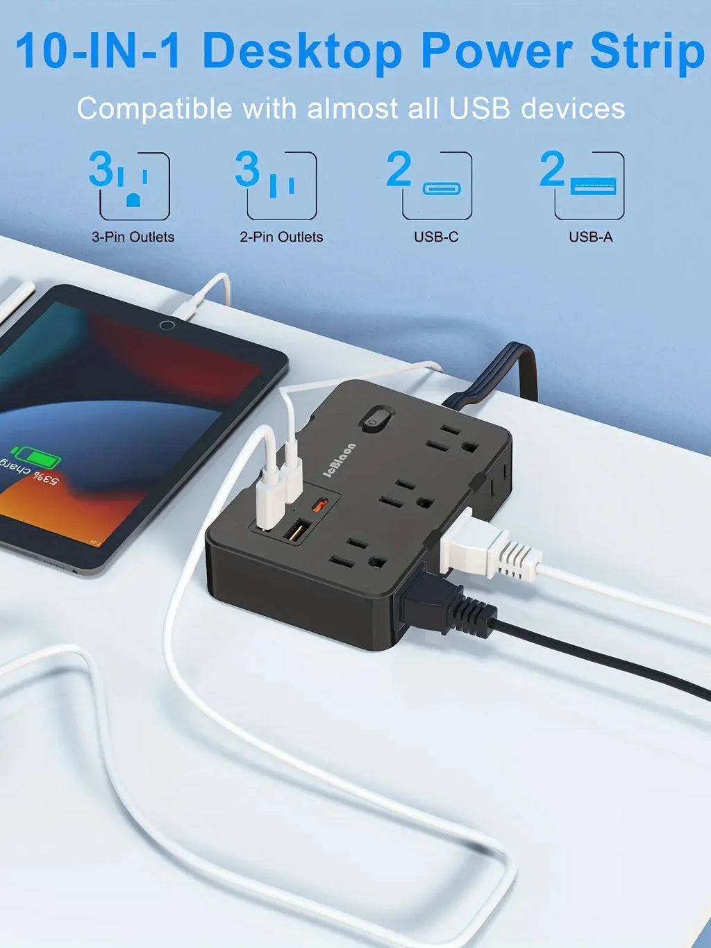 1-Surge Protector with 6 Widely Outlets Extender 4 USB Ports, 5ft Power Strip Ultra Thin Flat Plug, Power Adapter for Home Office