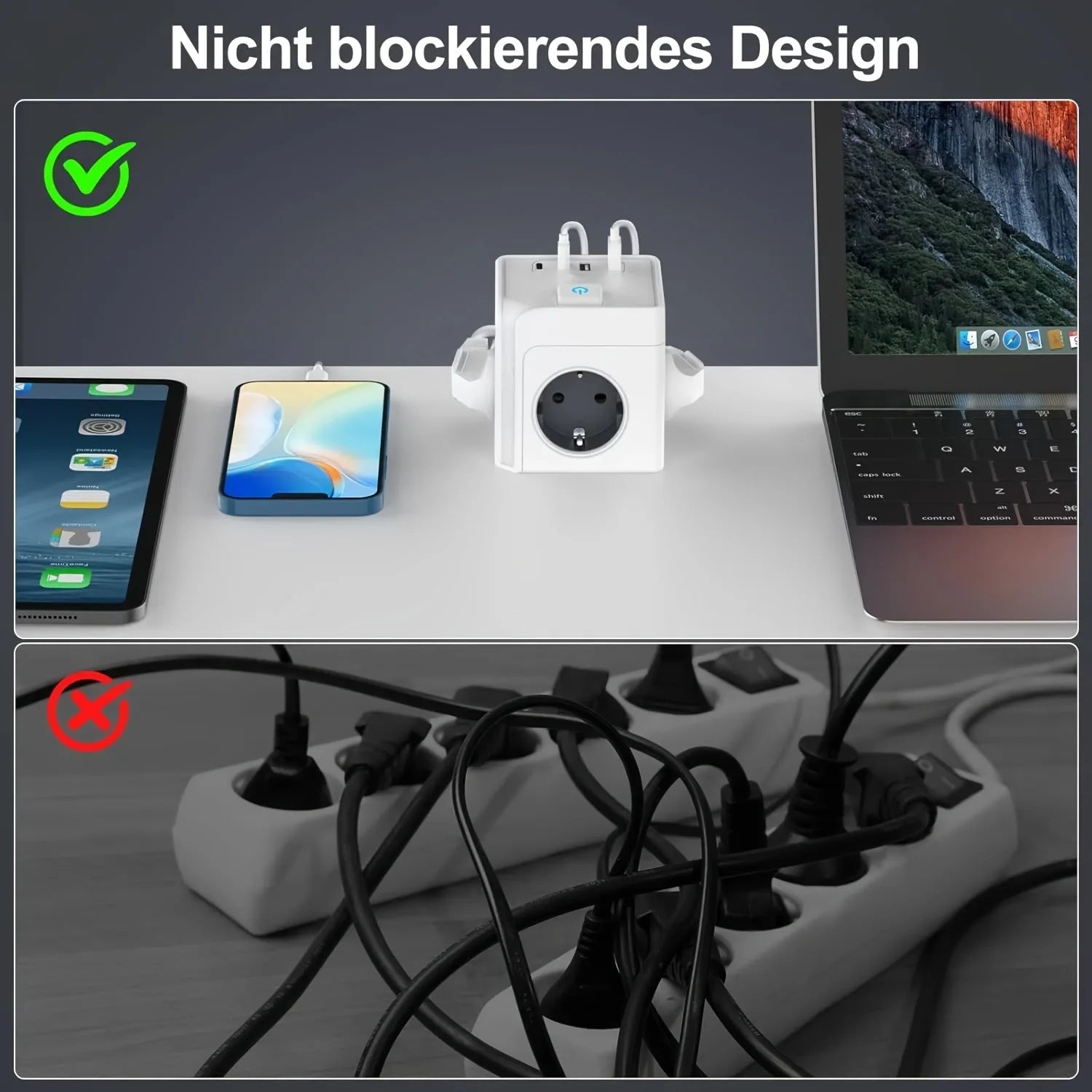 Cube Power Cord 4 USB Magnetic Socket Cube, 3 Partitions, with 2 Usb-C and 2 Usb-A, Multi-Socket Cube Power Cord with Switch Multi-Plug, Suitable for Office, Home