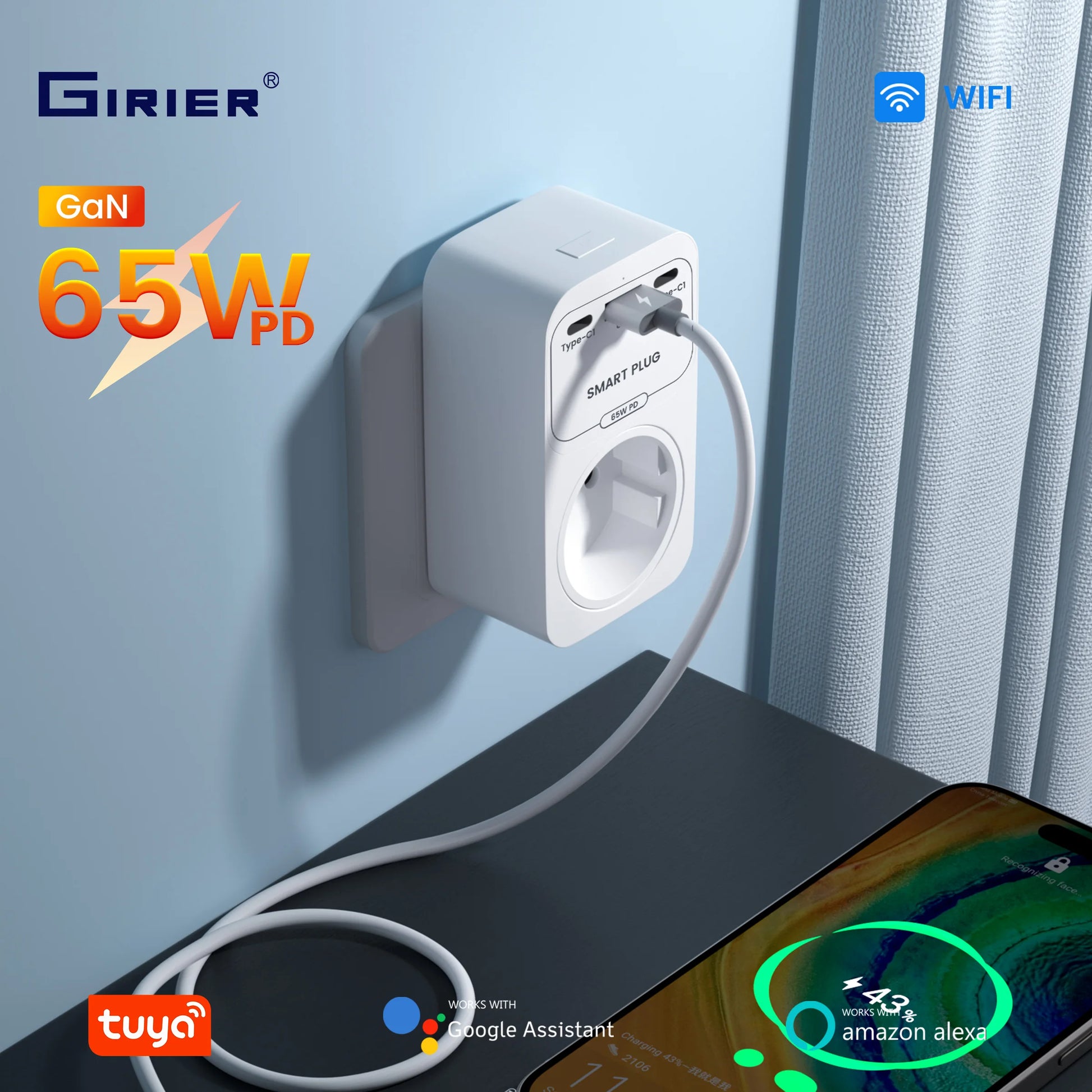 2-GIRIER Tuya Smart WiFi Power Plug with GaN Fast Charger 65W PD Fast Charging USB-A USB-C Ports EU/FR/UK/US Plug Works with Alexa