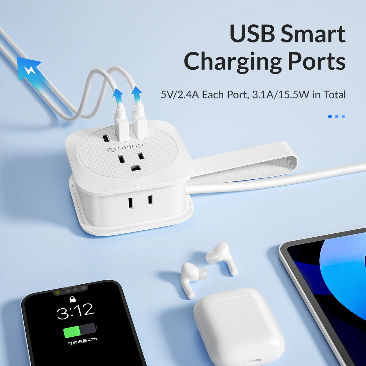 1-ORICO Power Strip 2AC multi USB Portable Socket Strip US plug Travel Extension Cord for fast charging with Type-C USB ports