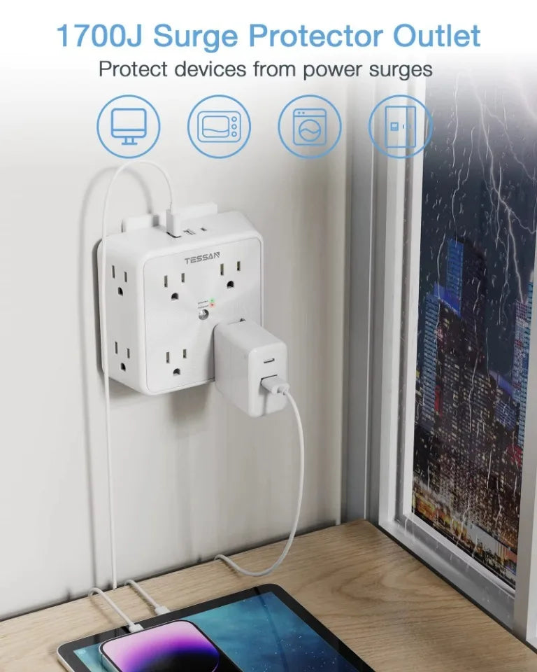 1-TESSAN Surge Protector Wall Strip with 8 AC Outlets 2 USB A and 1 USB C Surge Protector Multi Outlet Extender for Home Office