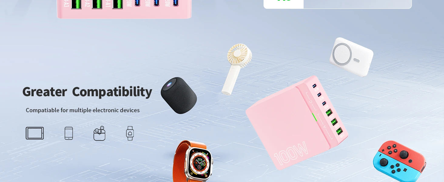 1-USB C Charging Station: 100W 6-Port GaN Fast Charging Hub - PD 3.0 Type C and USB A Charging Case - Wall Charger Power Adapter