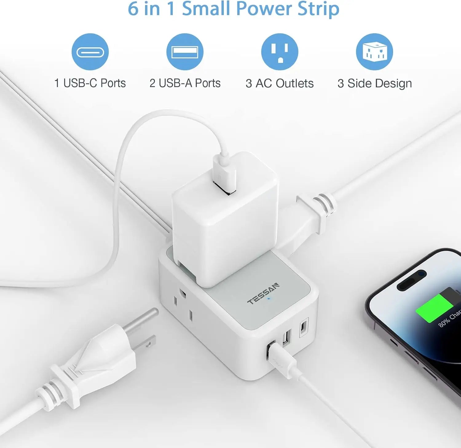1-TESSAN Ultra Thin Extension Cord Power Strip with 3 USB 3 AC Adapter Mini Charging Station for Cruise Travel Office School Home