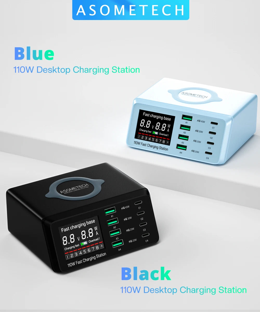 4-ASOMETECH 110W USB Type C Charger Wireless Charing Multi Ports Fast Phone Charger PD QC3.0 Quick Charge For iPhone 14 13 Xiaomi