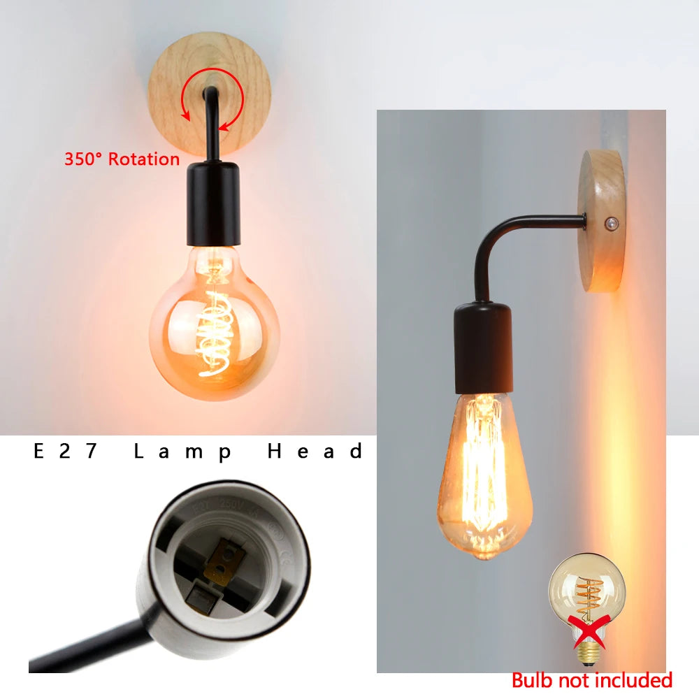 Retro Wood Wall Lamp E27 (Industrial Loft, 85–265 V)