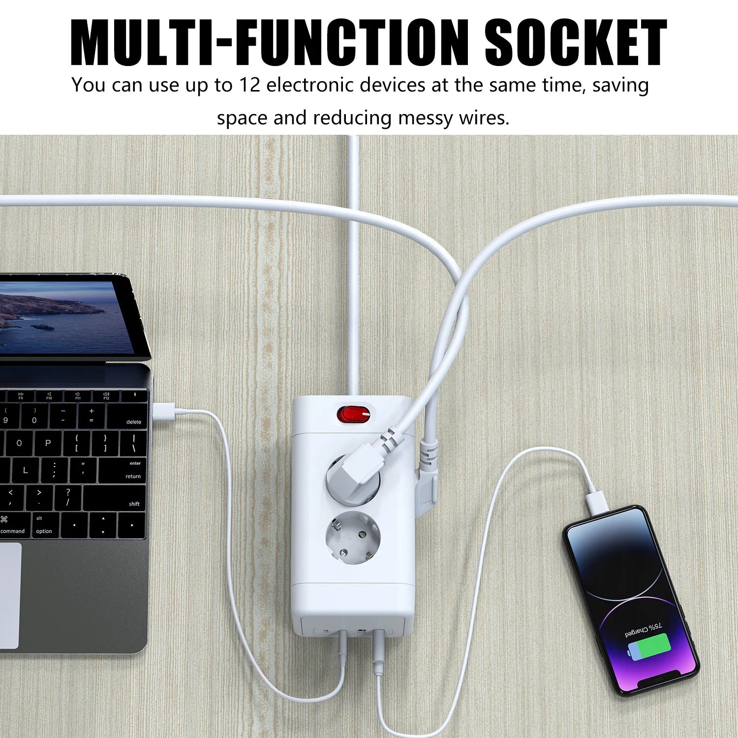 3680W Tower Power Strip with USB fast charging, EU plug 8 AC Multi Outlet Surge Protection 2m Extension Cable for home