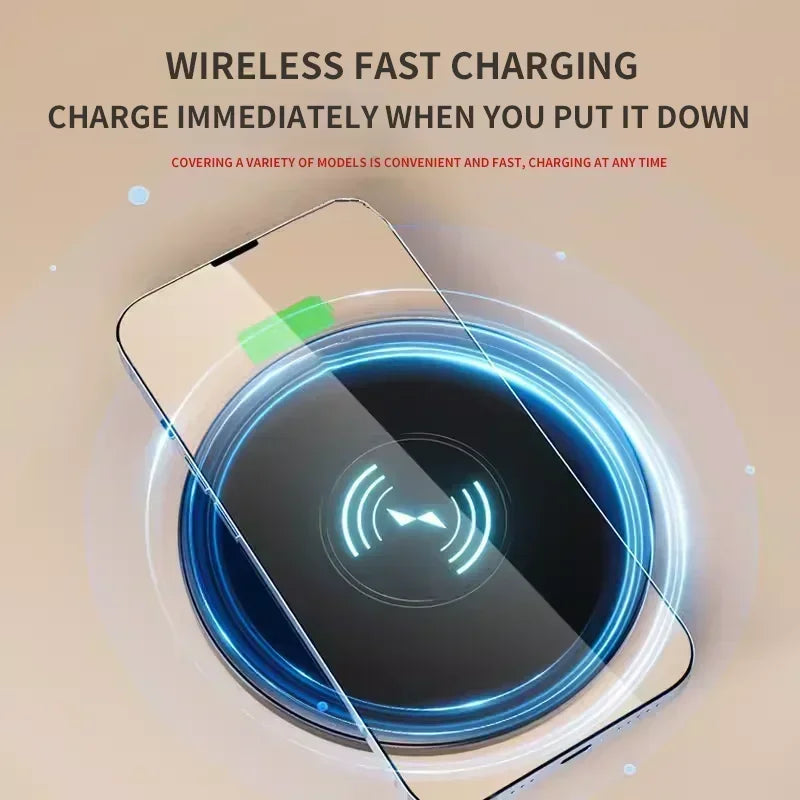 Wireless charging pad with a phone on it, displaying text about wireless fast charging.