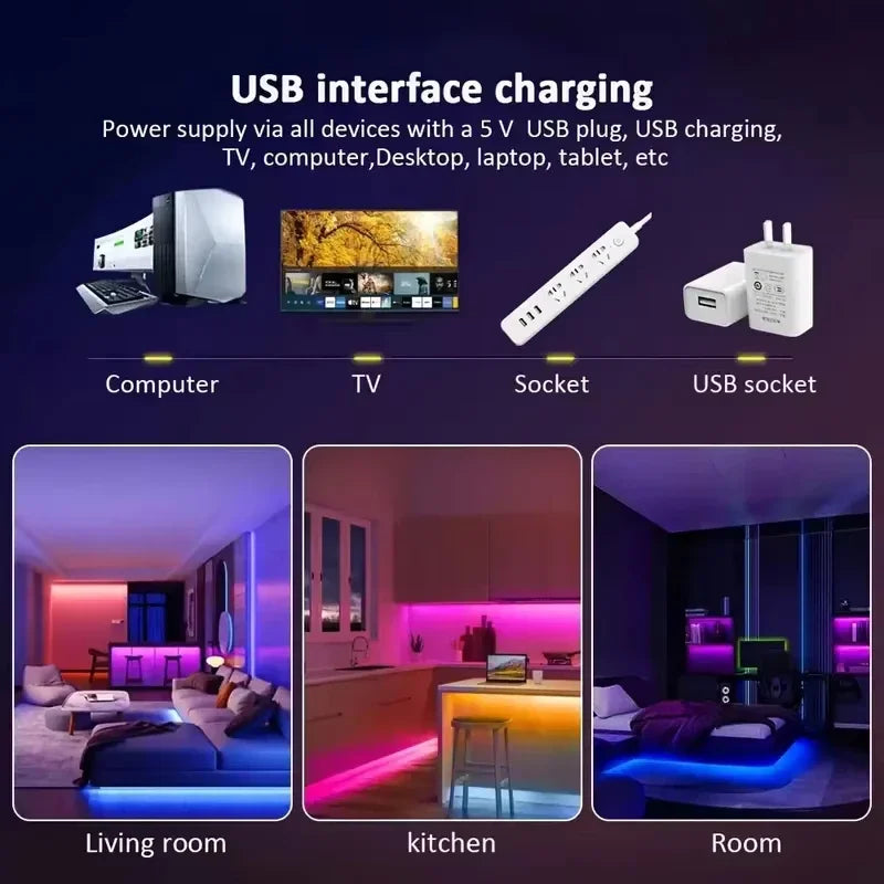 1-30M USB 5V LED Strip Lights With Bluetooth 24Keys Remote Control RGB Flexible Lamp Tape For Room Decoration TV Backlight Diode