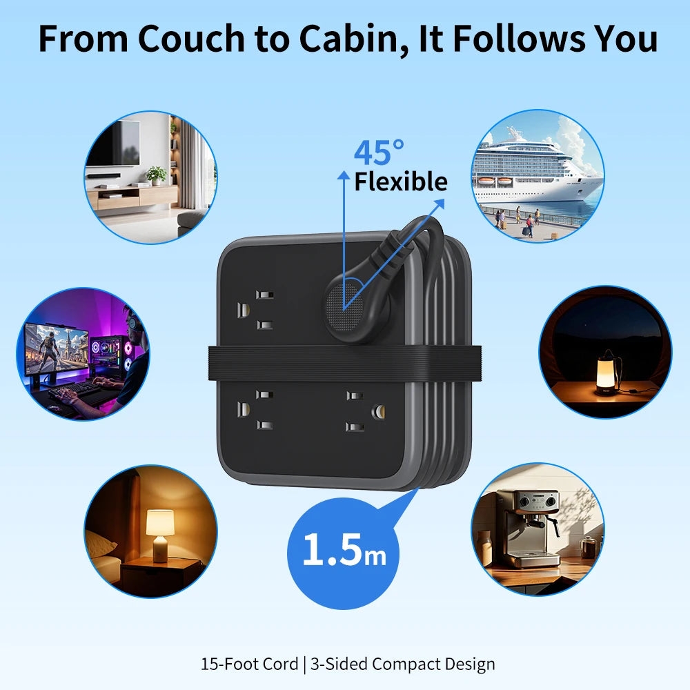 1-8 Outlet Power Strip with 3USB-A Ports 1.5m Extension Power Cord Universal Travel Adapter Network Filter Extension Cable US Plug