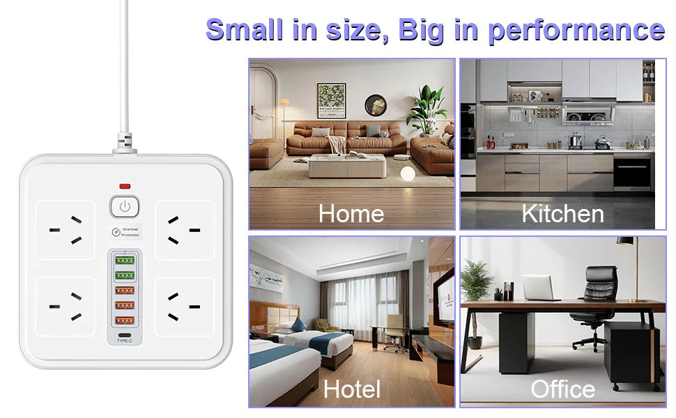 AU Plug Power Board:  AC Outlets,  USB-A,  USB-C, Overload Protection