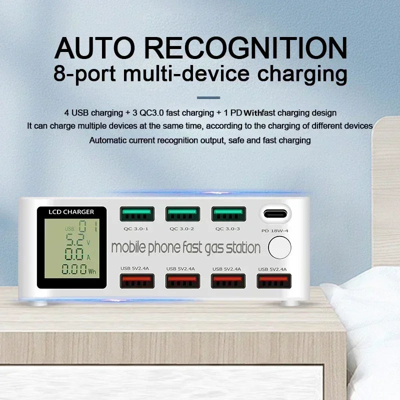 4-1080W Multi Ports USB Type C PD Fast Charger LED Display Quick Charge QC3.0 Desktop Charging Station for MacBook Samsung iPhone