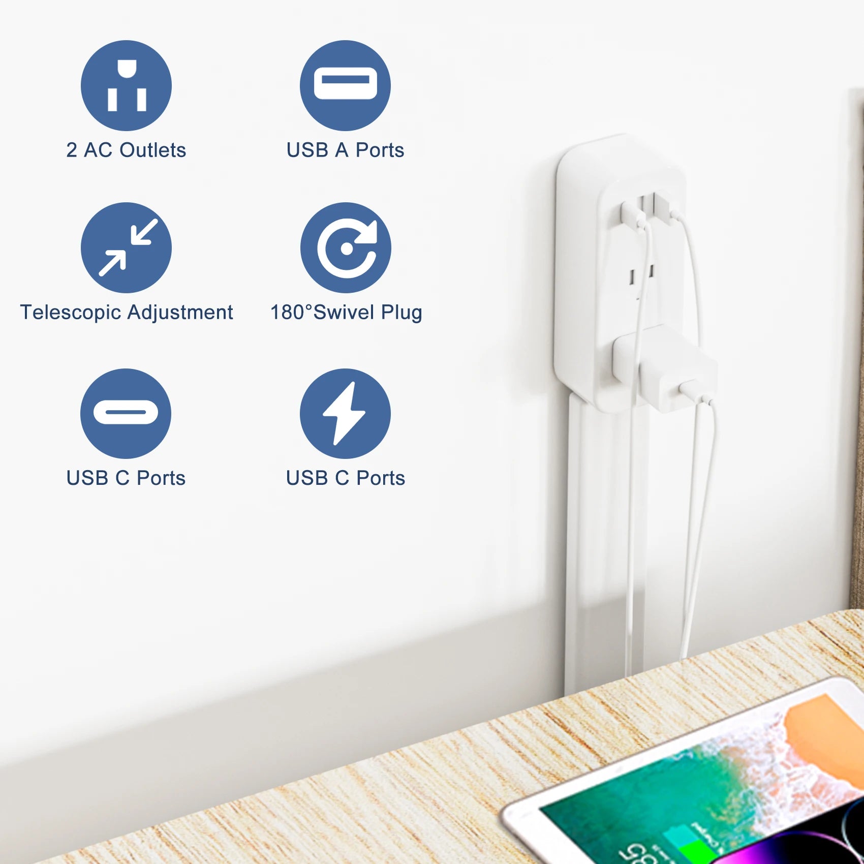 Electrical Outlet Extender. Access Hard-to-Reach Outlets!  Extends 22"-34", Rotates 180°. Use Behind Couches, Nightstands, Desks