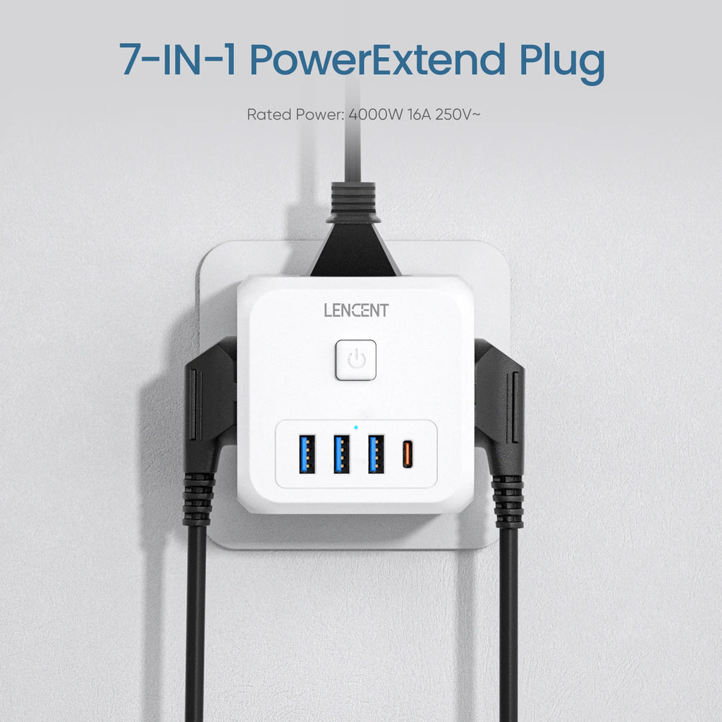 7-in-1 PowerExtend Plug with multiple USB ports on a white background