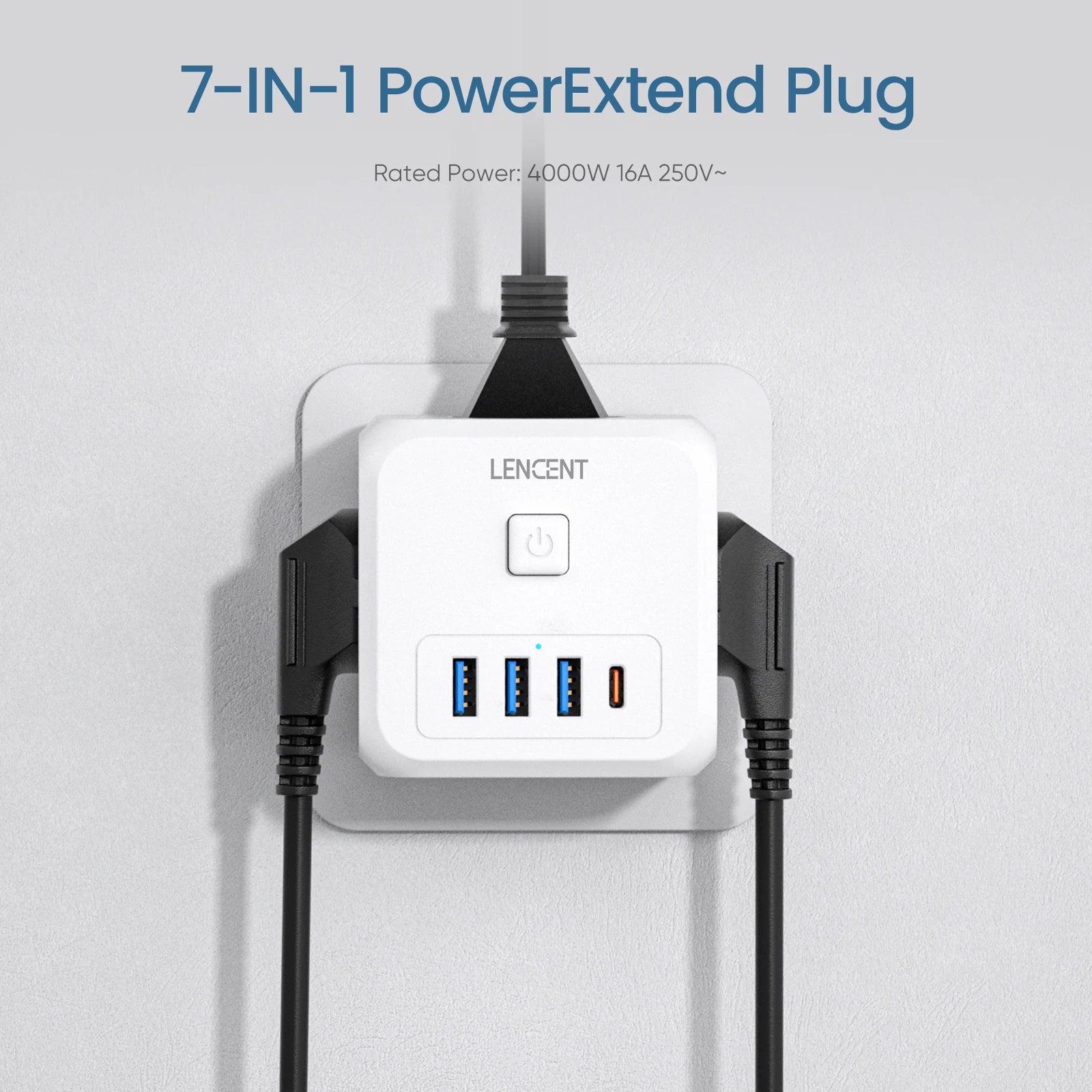 7-in-1 PowerExtend Plug with multiple USB ports on a white background