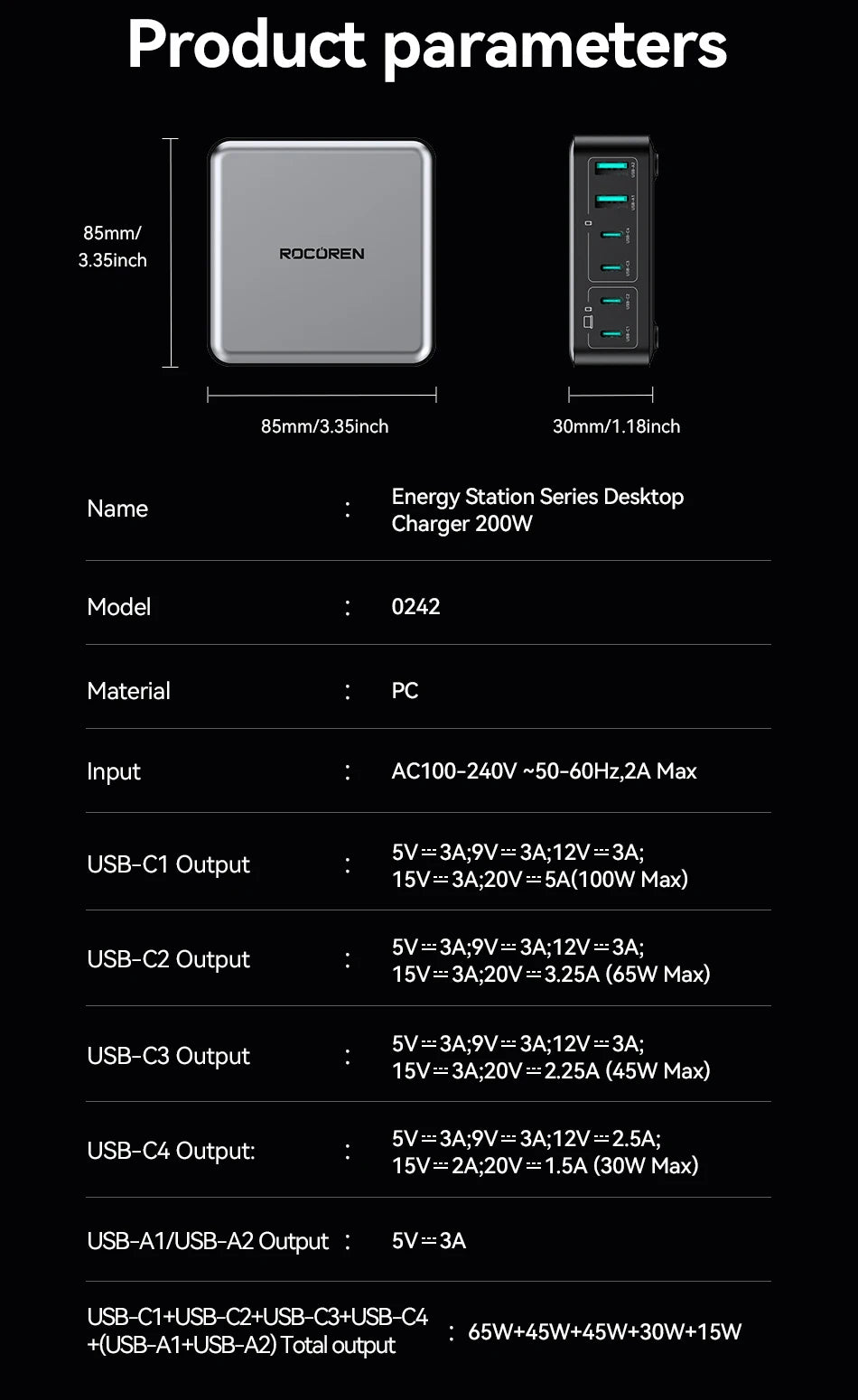 1-Rocoren 200W GaN Charger 6-ports Desktop Fast Charging USB Type C Charger Portable Power Station For iPhone 16 Pro Max Xiaomi 14