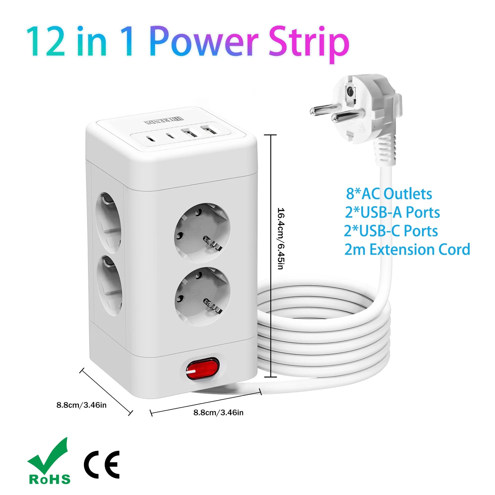 3680W Tower Power Strip with USB fast charging, EU plug 8 AC Multi Outlet Surge Protection 2m Extension Cable for home