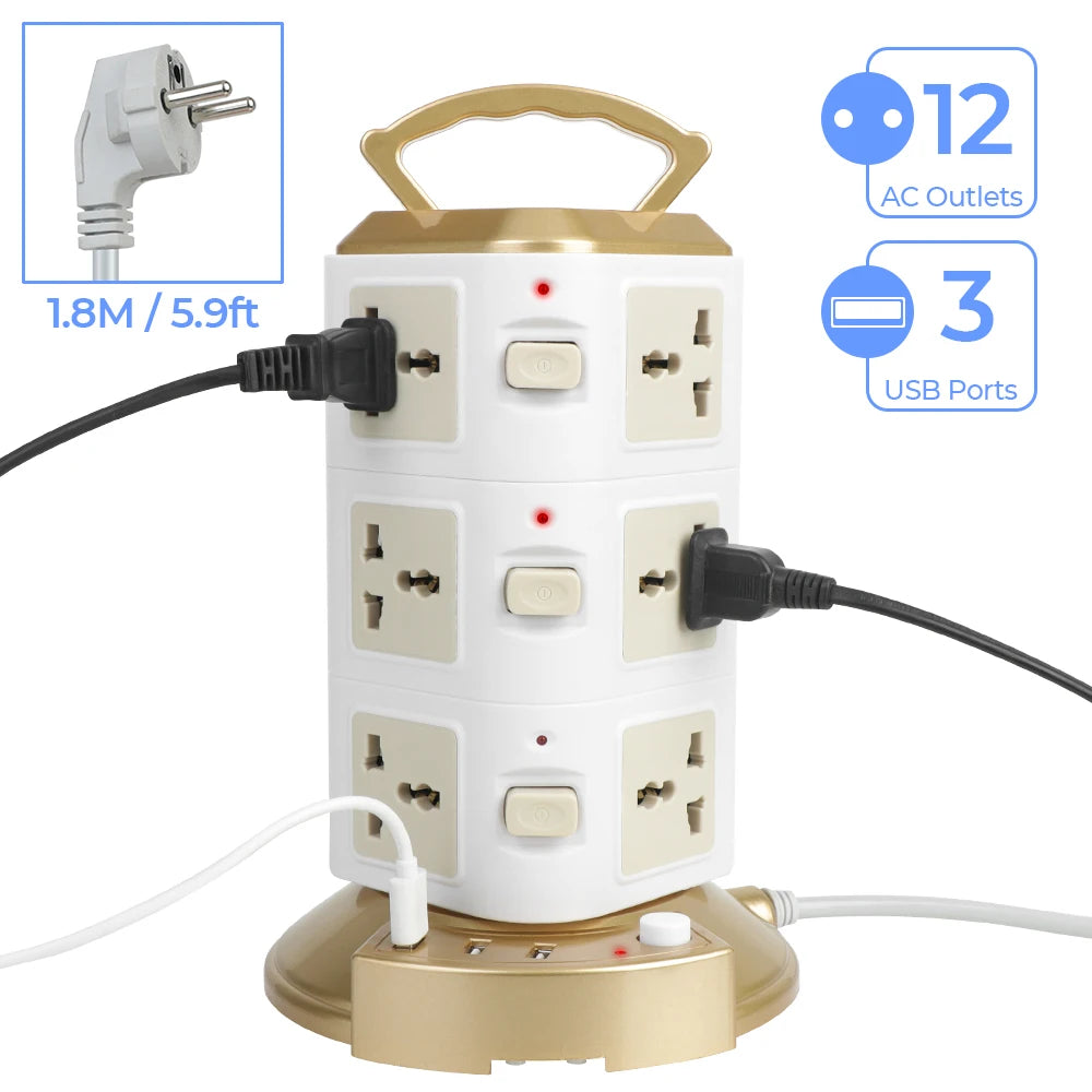 Universal Tower Power Strip (2500W) | 12 Outlets & 3 USB Ports
