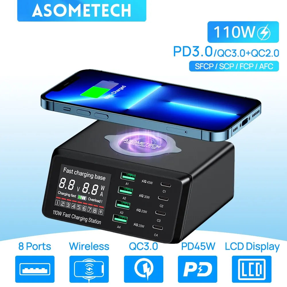 4-ASOMETECH 110W USB Type C Charger Wireless Charing Multi Ports Fast Phone Charger PD QC3.0 Quick Charge For iPhone 14 13 Xiaomi