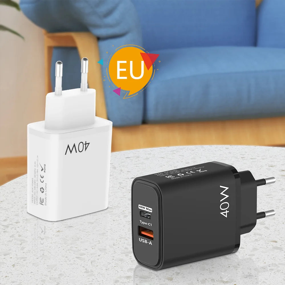 Total 40W 1 USB Charger 1 Type C PD Fast Charge For iPhone 12 13 Max Samsung S21 Huawei Xiaomi Mobile Phone EU/US/UK Plug Wall C
