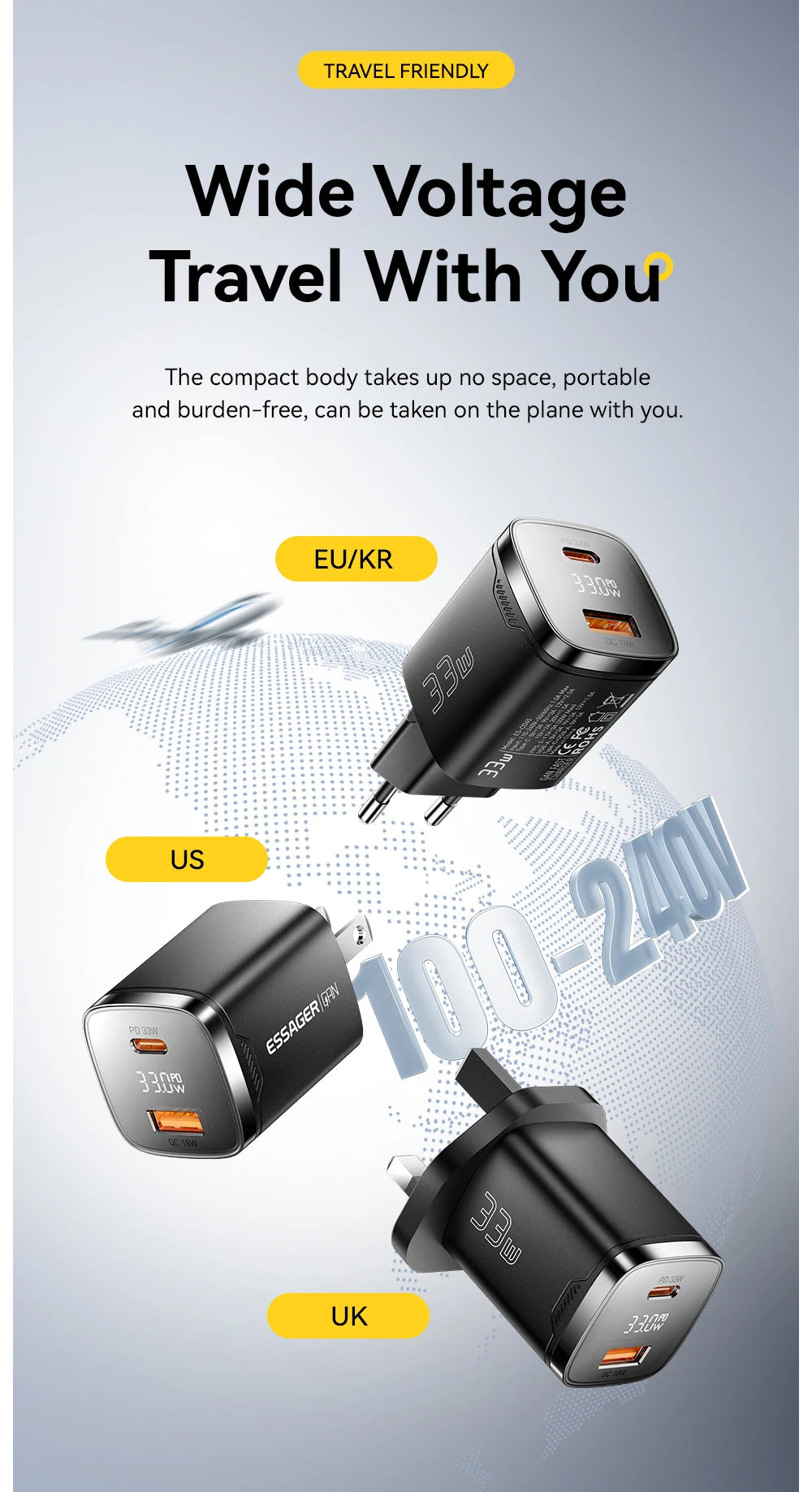 Essager 33W GaN USB Type C Charger Digital Display PD Fast Charging For  iPhone 16 15 14 Pro Max iPad Mini 6 Xiaomi Samsung S22