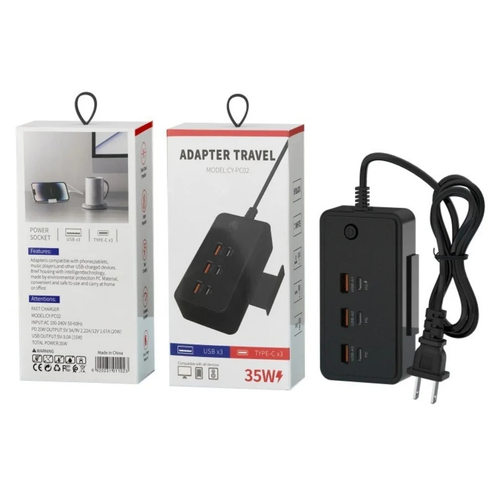 1-35W Multifunction USB Type C Quick Charge Power Socket with Telescopic Holder 3USB3PD Fast Charging Power Strip For Phone Tablet