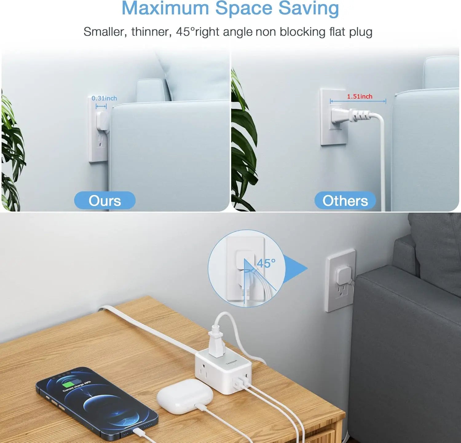 1-TESSAN Ultra Thin Extension Cord Power Strip with 3 USB 3 AC Adapter Mini Charging Station for Cruise Travel Office School Home