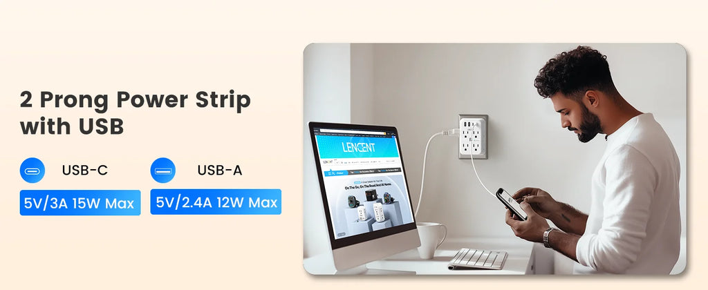 Man using a computer and phone with a power strip featuring USB ports on a white background